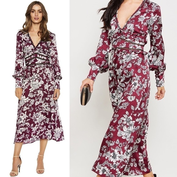 NWT BARDOT Floral Print Long Sleeve V-Neck Ruffle & Lattice Lace Midi Dress 4 - Picture 1 of 14